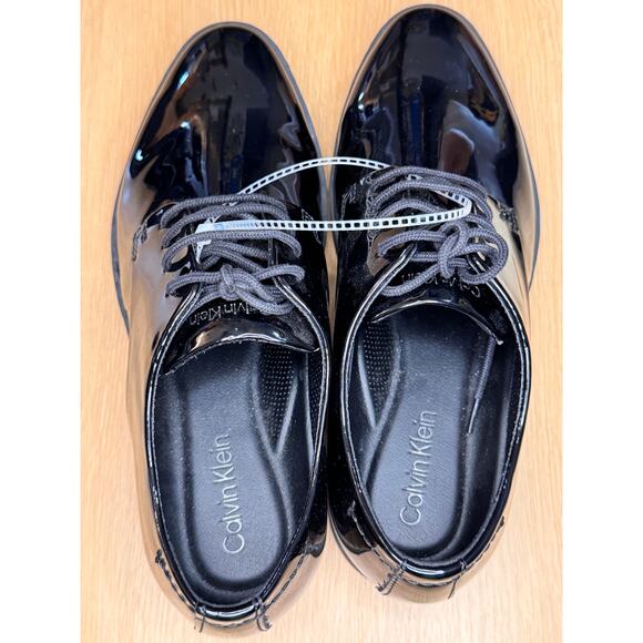 New Calvin Klein Men\'s Fasa Casual Lace-Up Loafers Dress Shoes Shiny Black 8.5